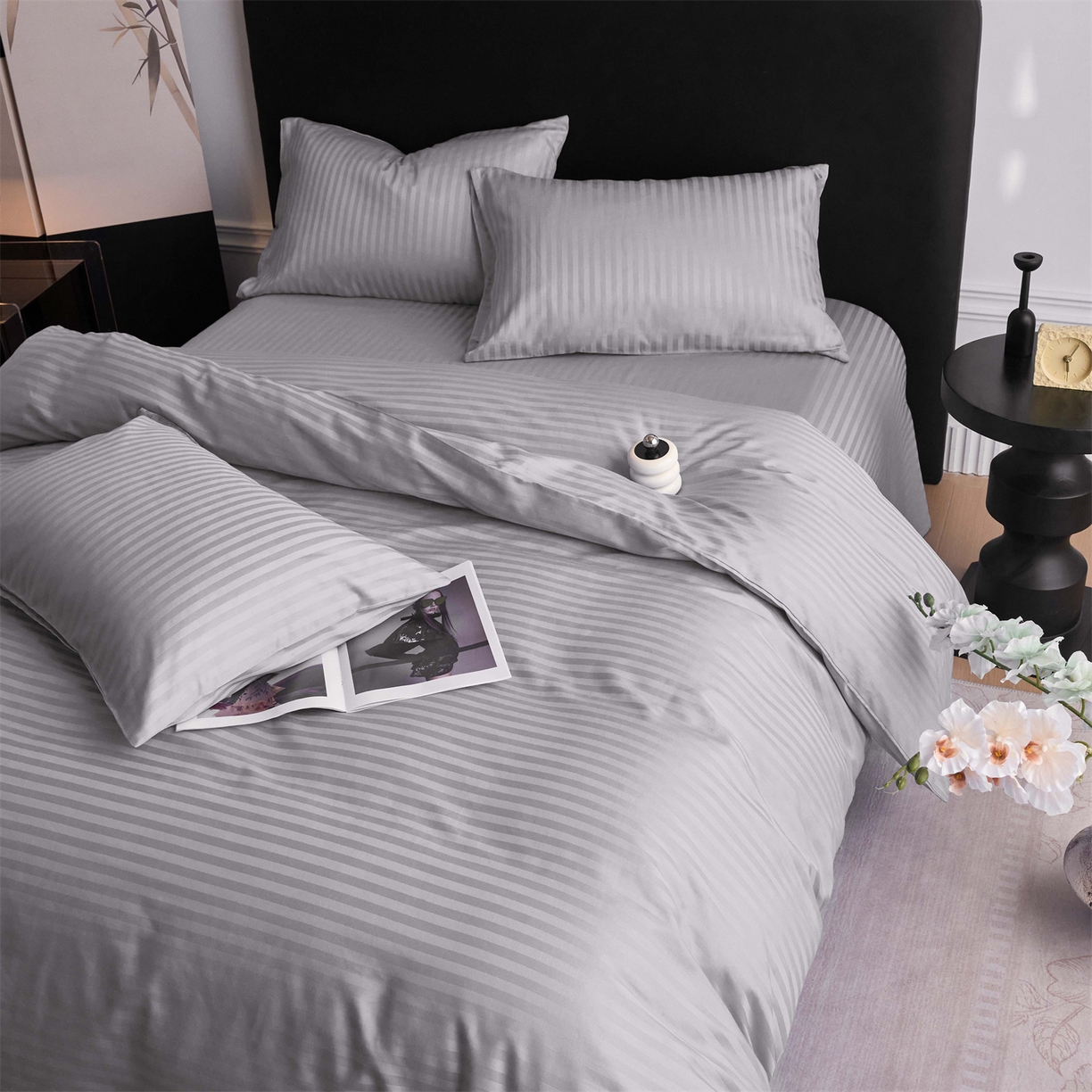 91家纺网 家纺一手货源 找家纺 兰紫橙家纺 2026新款全棉纯棉纯色贡缎缎条四件套 缎条-灰色