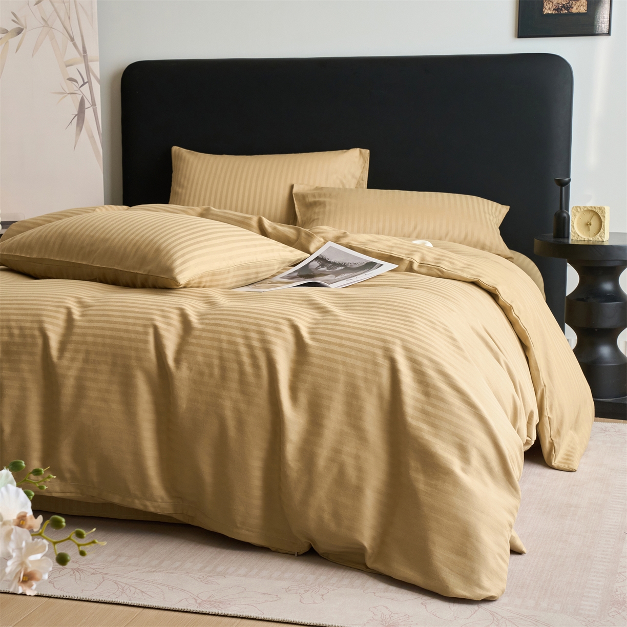 91家纺网 家纺一手货源 找家纺 兰紫橙家纺 2026新款全棉纯棉纯色贡缎缎条四件套 缎条-卡其