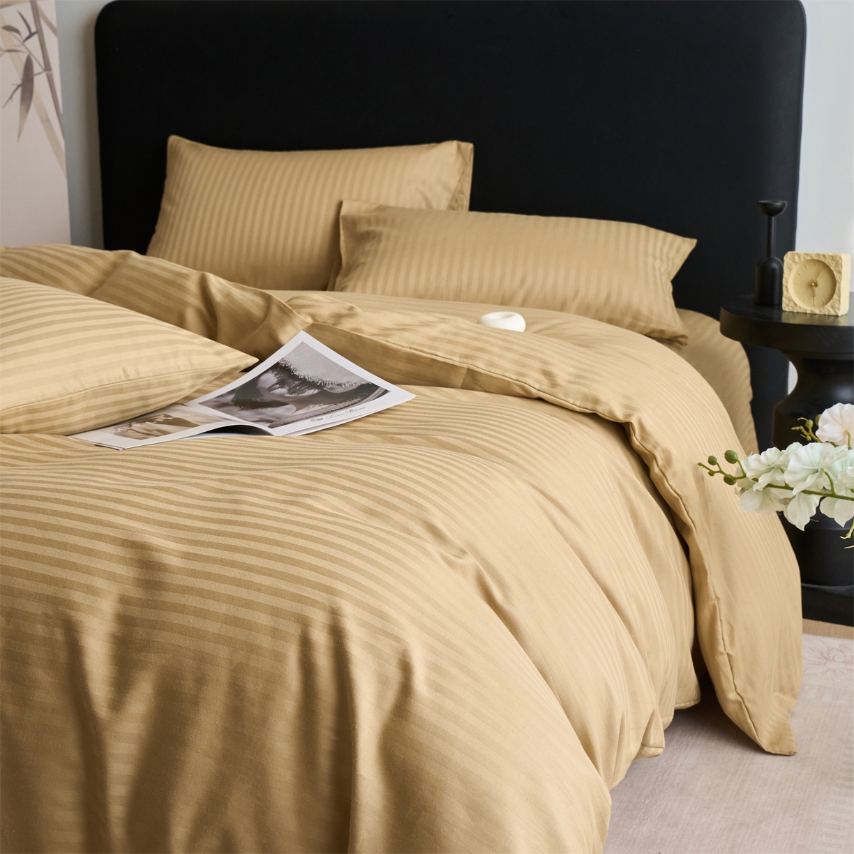 91家纺网 家纺一手货源 找家纺 兰紫橙家纺 2026新款全棉纯棉纯色贡缎缎条四件套 缎条-卡其