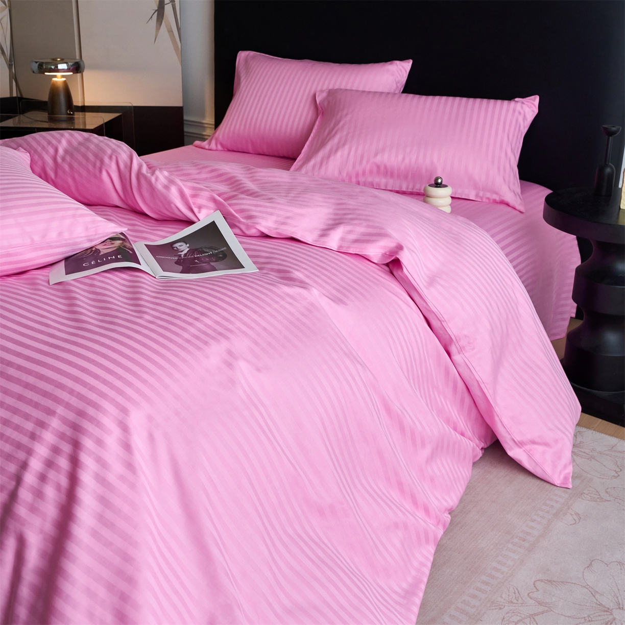 91家纺网 家纺一手货源 找家纺 兰紫橙家纺 2026新款全棉纯棉纯色贡缎缎条四件套 缎条-粉色