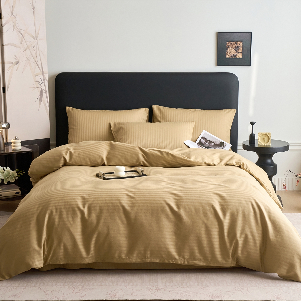 91家纺网 家纺一手货源 找家纺 兰紫橙家纺 2026新款全棉纯棉纯色贡缎缎条四件套 缎条-卡其