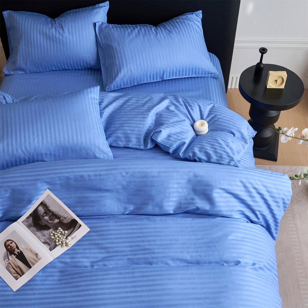 91家纺网 家纺一手货源 找家纺 兰紫橙家纺 2026新款全棉纯棉纯色贡缎缎条四件套 缎条-天蓝