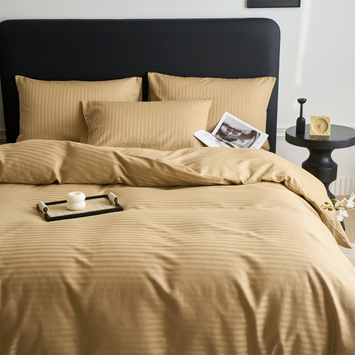 91家纺网 家纺一手货源 找家纺 兰紫橙家纺 2026新款全棉纯棉纯色贡缎缎条四件套 缎条-卡其