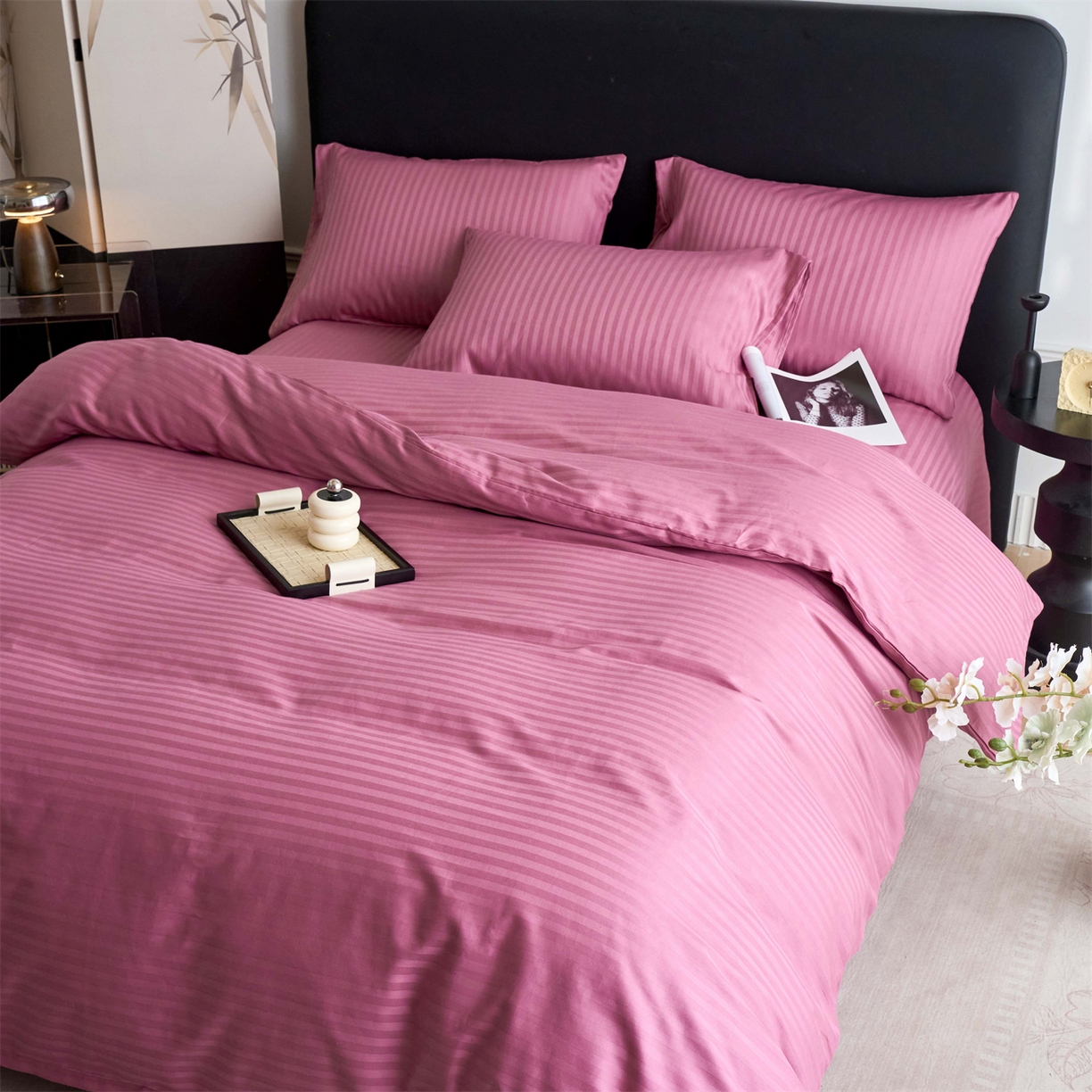 91家纺网 家纺一手货源 找家纺 兰紫橙家纺 2026新款全棉纯棉纯色贡缎缎条四件套 缎条-豆沙