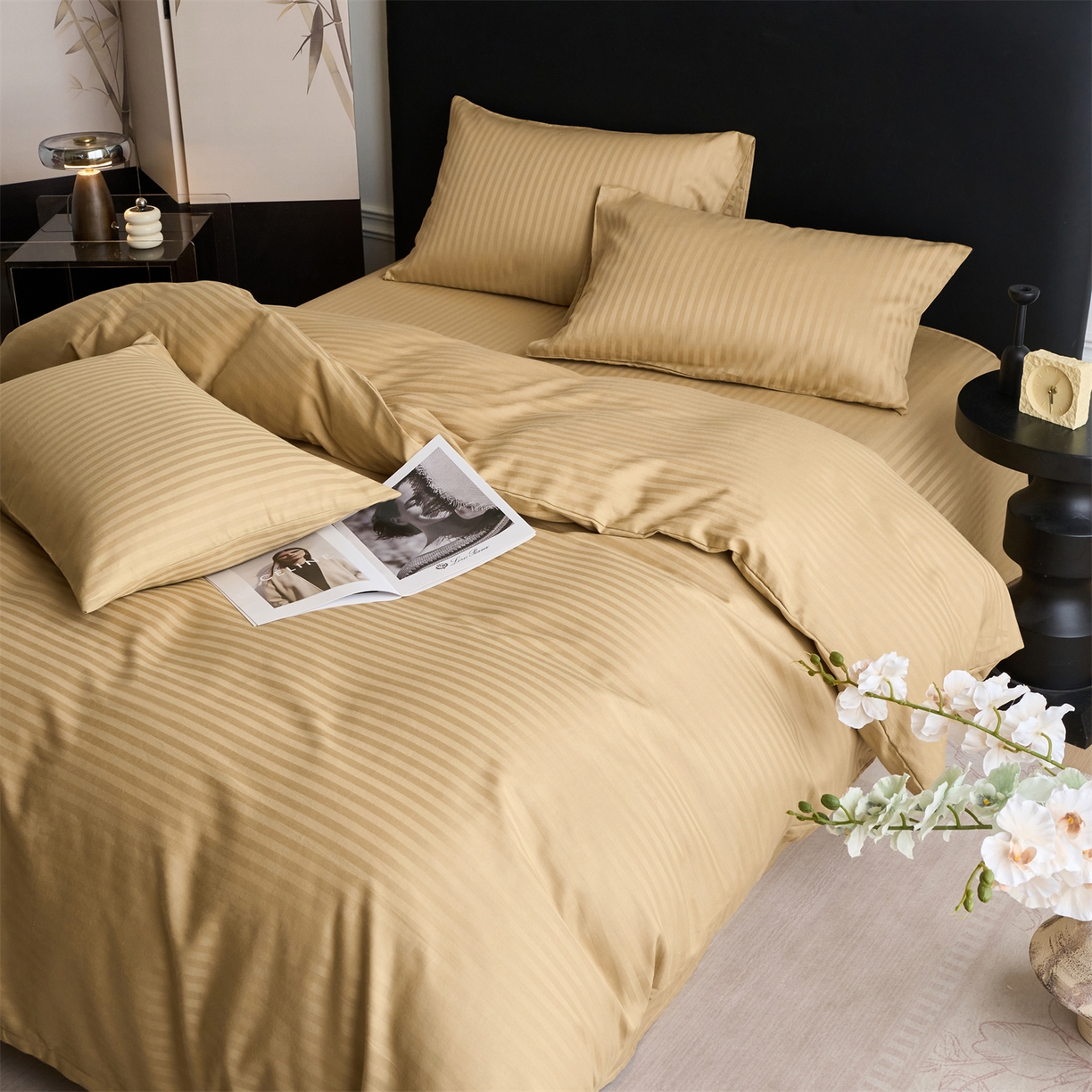 91家纺网 家纺一手货源 找家纺 兰紫橙家纺 2026新款全棉纯棉纯色贡缎缎条四件套 缎条-卡其