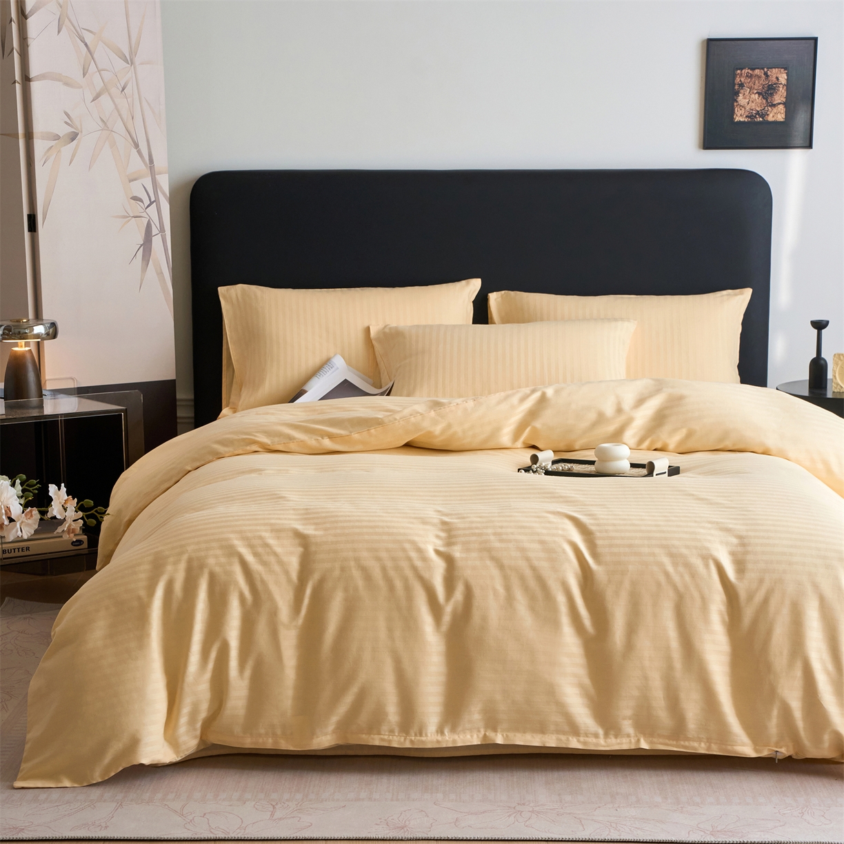 91家纺网 家纺一手货源 找家纺 兰紫橙家纺 2026新款全棉纯棉纯色贡缎缎条四件套 缎条-米黄