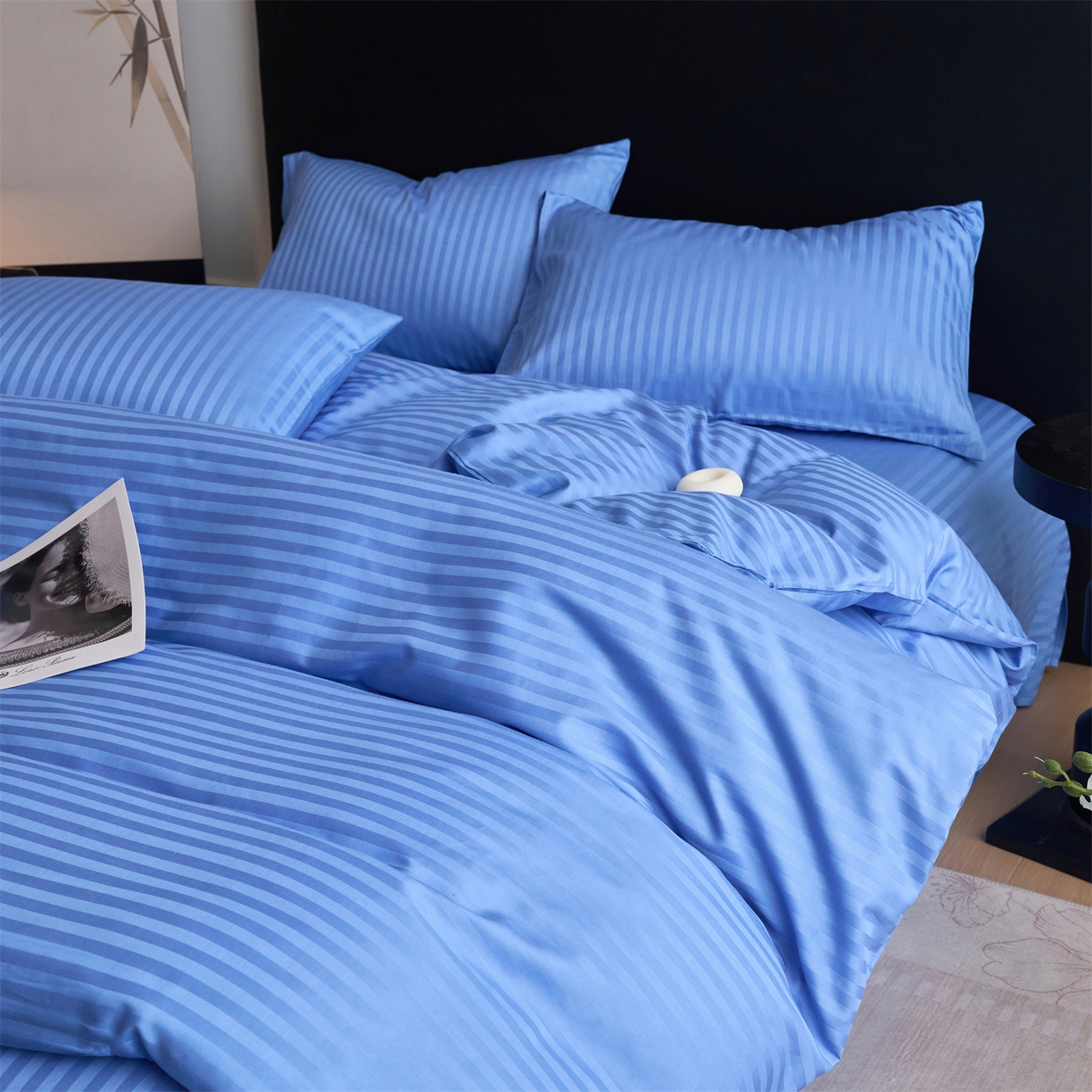 91家纺网 家纺一手货源 找家纺 兰紫橙家纺 2026新款全棉纯棉纯色贡缎缎条四件套 缎条-天蓝