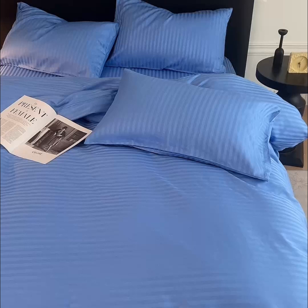 91家纺网 家纺一手货源 找家纺 兰紫橙家纺 2026新款全棉纯棉纯色贡缎缎条四件套 缎条-天蓝
