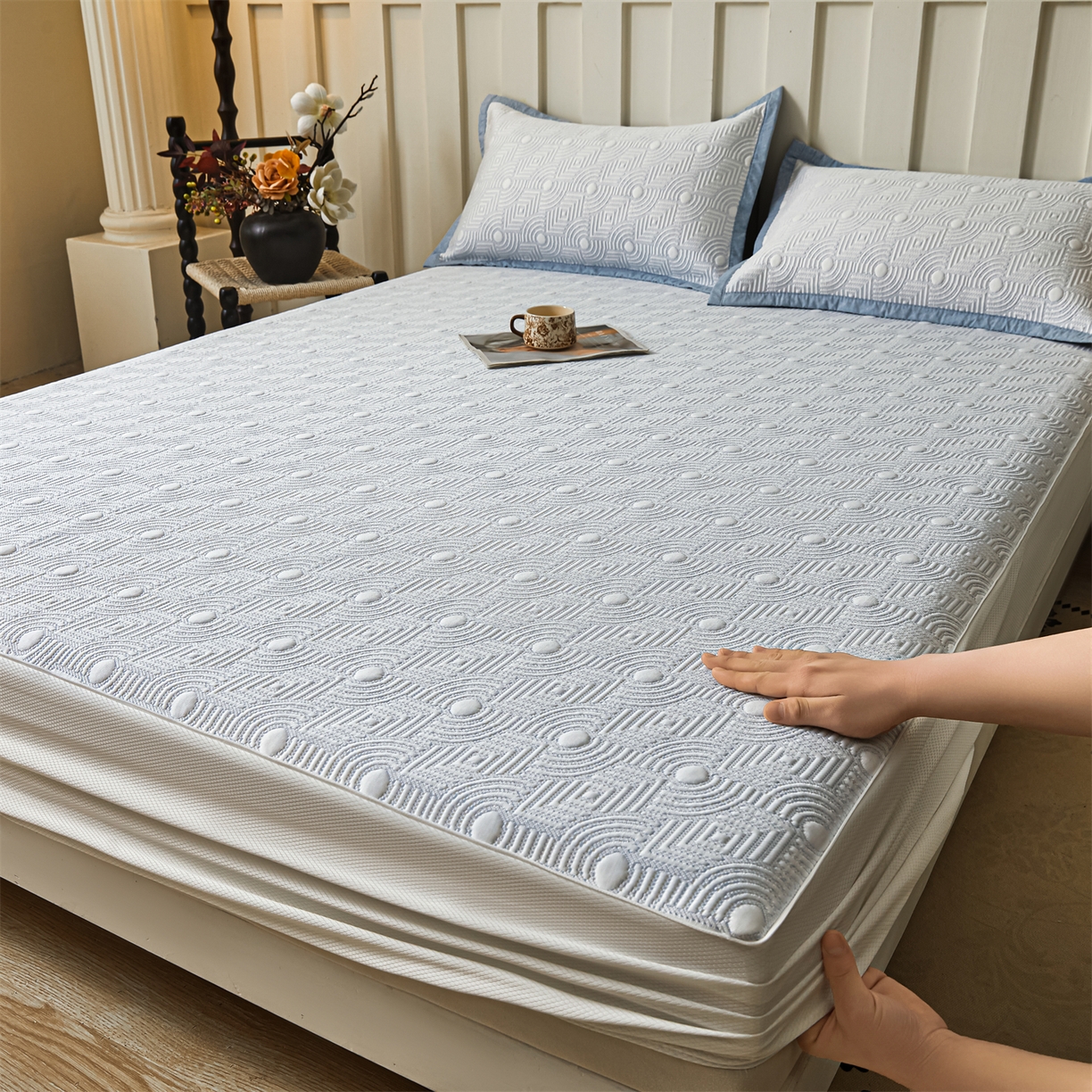耐思家纺 2026新款高端三明治硅胶复合PE乙纶提花冰豆豆凉席空调席韩版NIS系列（提供买家秀）床笠款 韩INS-方圆蓝