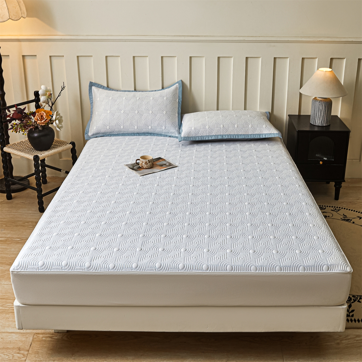 91家纺网 家纺一手货源 找家纺 耐思家纺 2026新款高端三明治硅胶复合PE乙纶提花冰豆豆凉席空调席韩版NIS系列（提供买家秀）床笠款 韩INS-方圆蓝