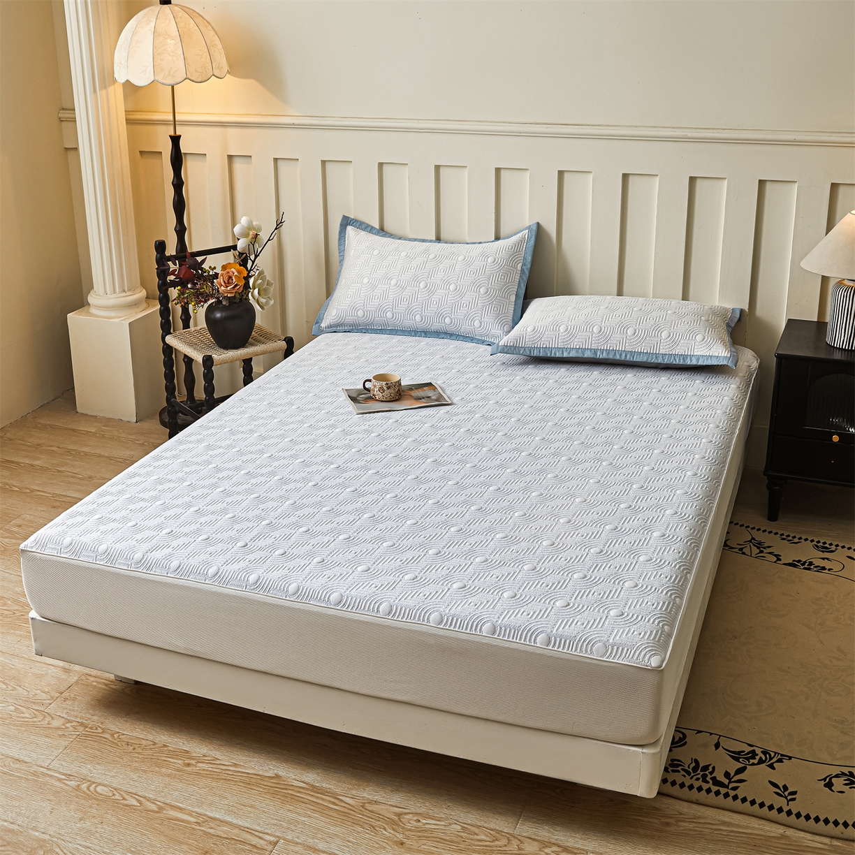 91家纺网 家纺一手货源 找家纺 耐思家纺 2026新款高端三明治硅胶复合PE乙纶提花冰豆豆凉席空调席韩版NIS系列（提供买家秀）床笠款 韩INS-方圆蓝