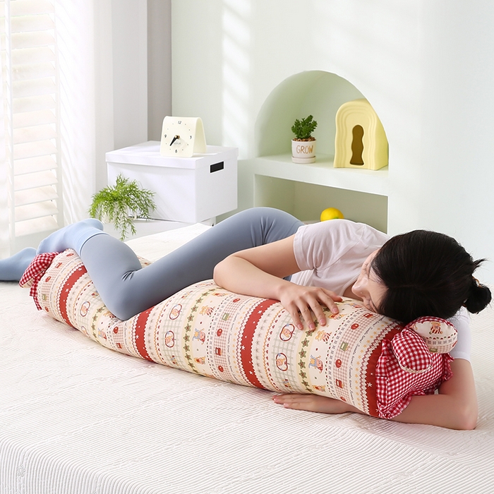 91家纺网 家纺一手货源 找家纺 蔻眠 全棉印花双层纱长抱枕夹腿抱枕长枕芯儿童学生成人枕头 红苹果星星