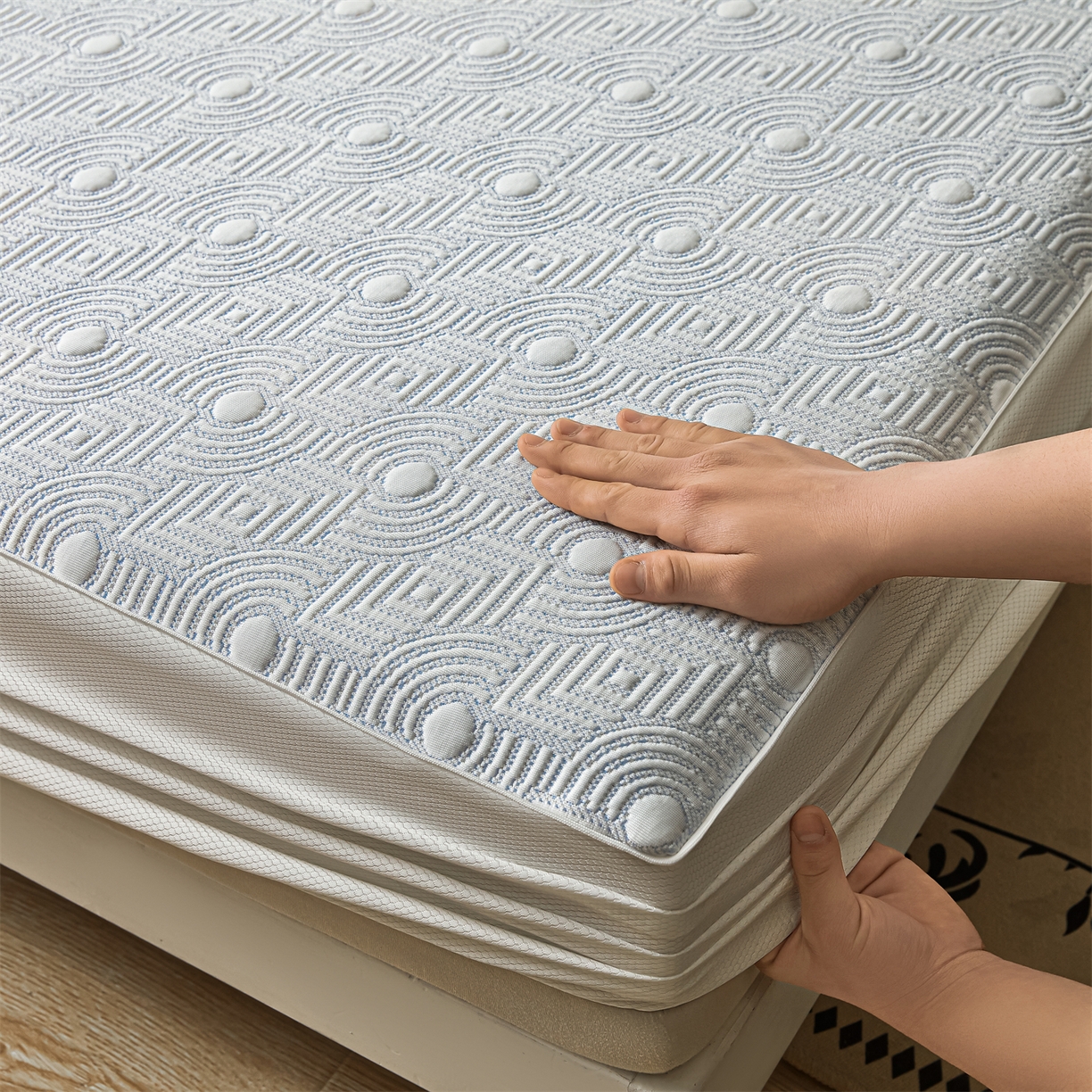 91家纺网 家纺一手货源 找家纺 耐思家纺 2026新款高端三明治硅胶复合PE乙纶提花冰豆豆凉席空调席韩版NIS系列（提供买家秀）床笠款 韩INS-方圆蓝