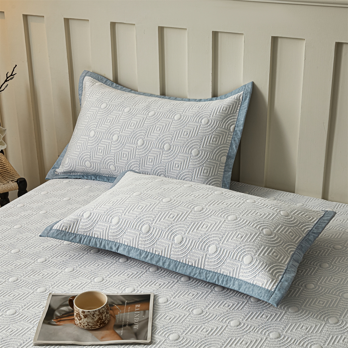 91家纺网 家纺一手货源 找家纺 耐思家纺 2026新款高端三明治硅胶复合PE乙纶提花冰豆豆凉席空调席韩版NIS系列（提供买家秀）床笠款 韩INS-方圆蓝