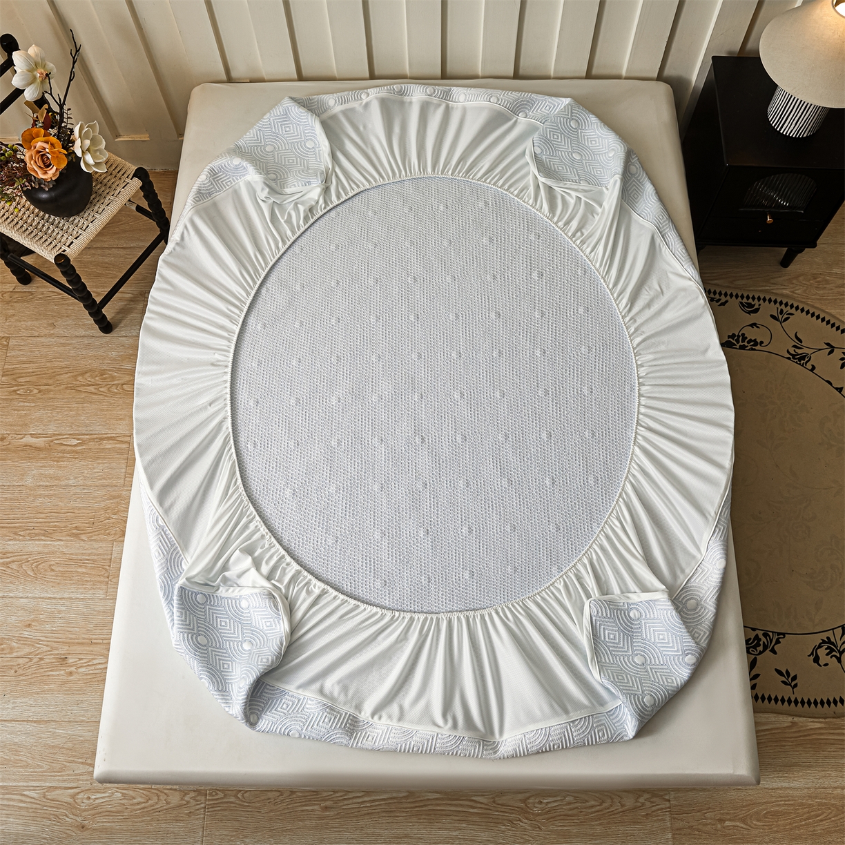 91家纺网 家纺一手货源 找家纺 耐思家纺 2026新款高端三明治硅胶复合PE乙纶提花冰豆豆凉席空调席韩版NIS系列（提供买家秀）床笠款 韩INS-方圆蓝