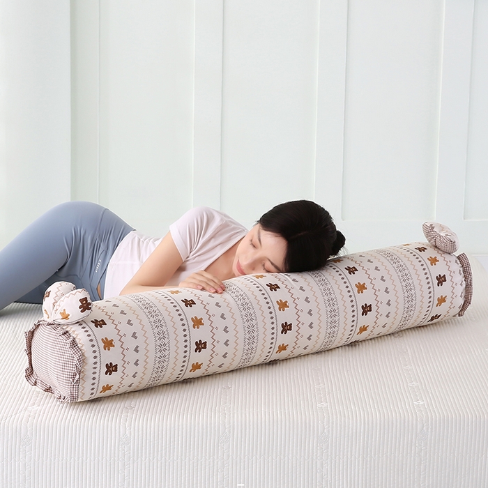 蔻眠 全棉印花双层纱长抱枕夹腿抱枕长枕芯儿童学生成人枕头 咖条小熊