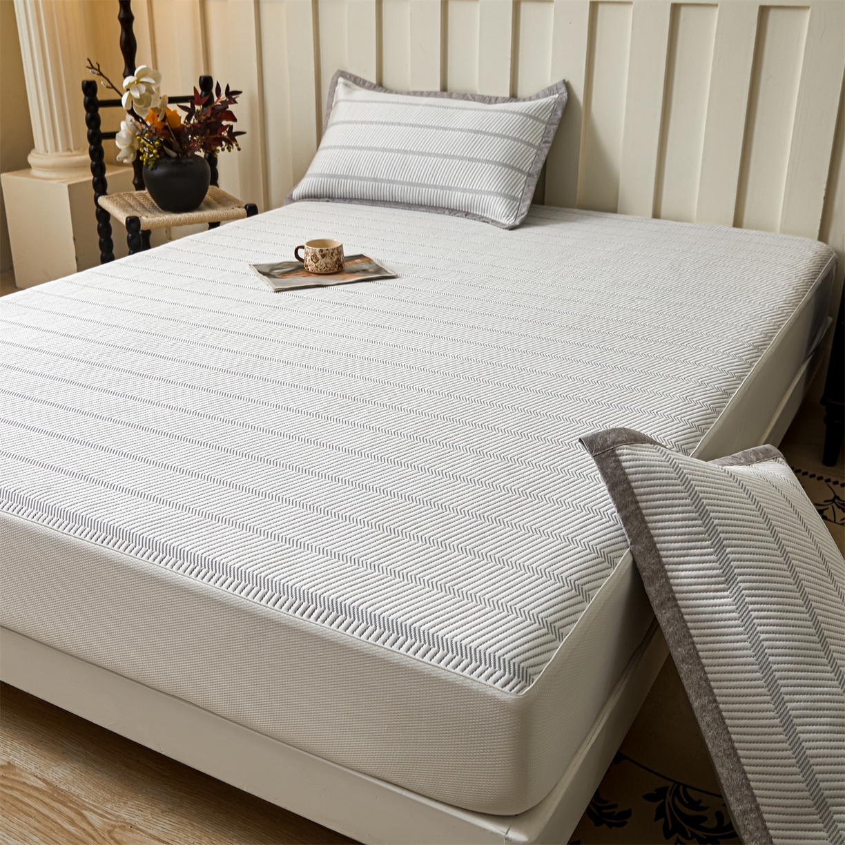 91家纺网 家纺一手货源 找家纺 耐思家纺 2026新款高端三明治硅胶复合PE乙纶提花冰豆豆凉席空调席韩版NIS系列（提供买家秀）床笠款 韩INS-韩结