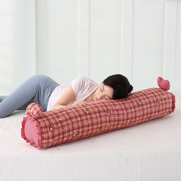 蔻眠 全棉印花双层纱长抱枕夹腿抱枕长枕芯儿童学生成人枕头 红格木马