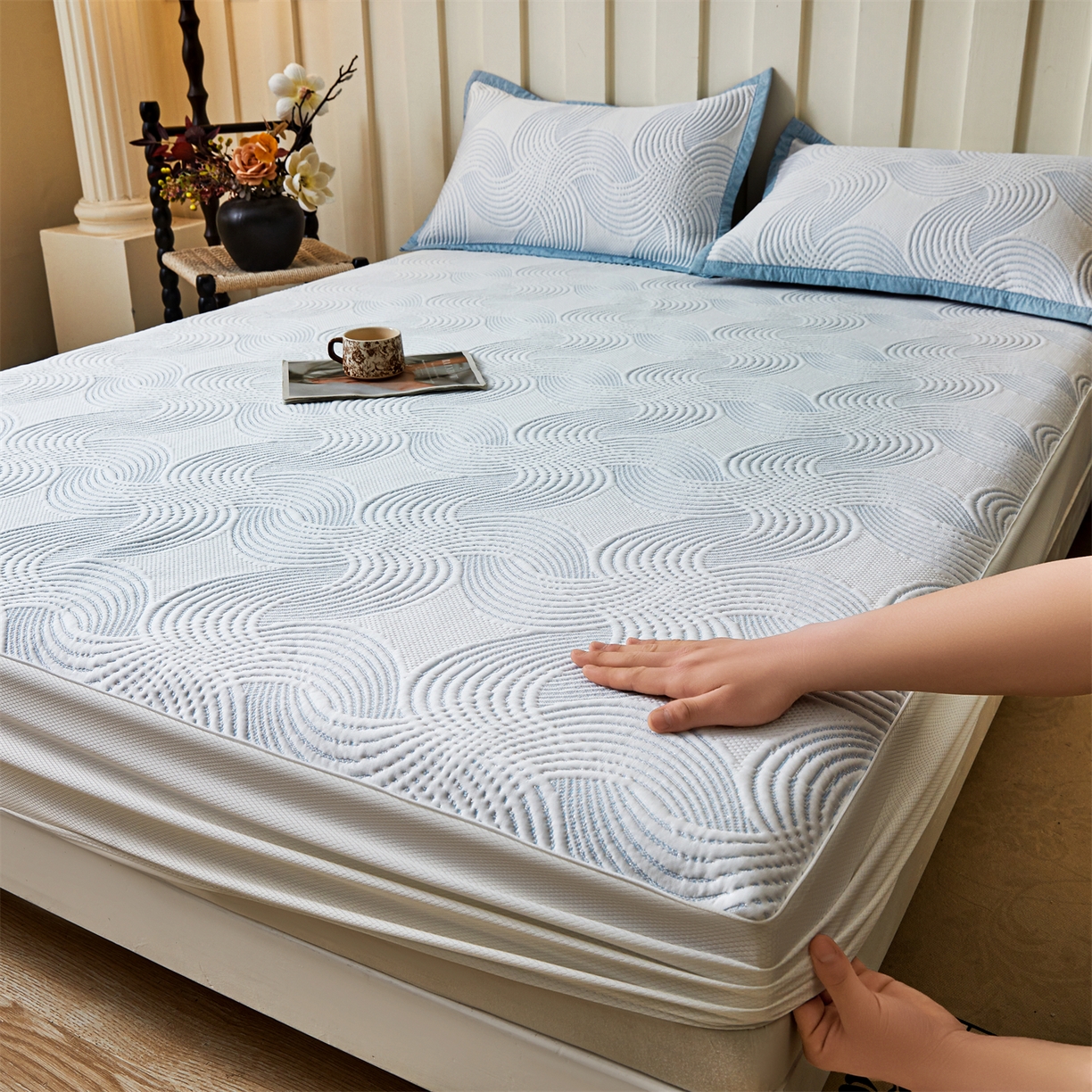 耐思家纺 2026新款高端三明治硅胶复合PE乙纶提花冰豆豆凉席空调席韩版NIS系列（提供买家秀）床笠款 韩INS-回川蓝
