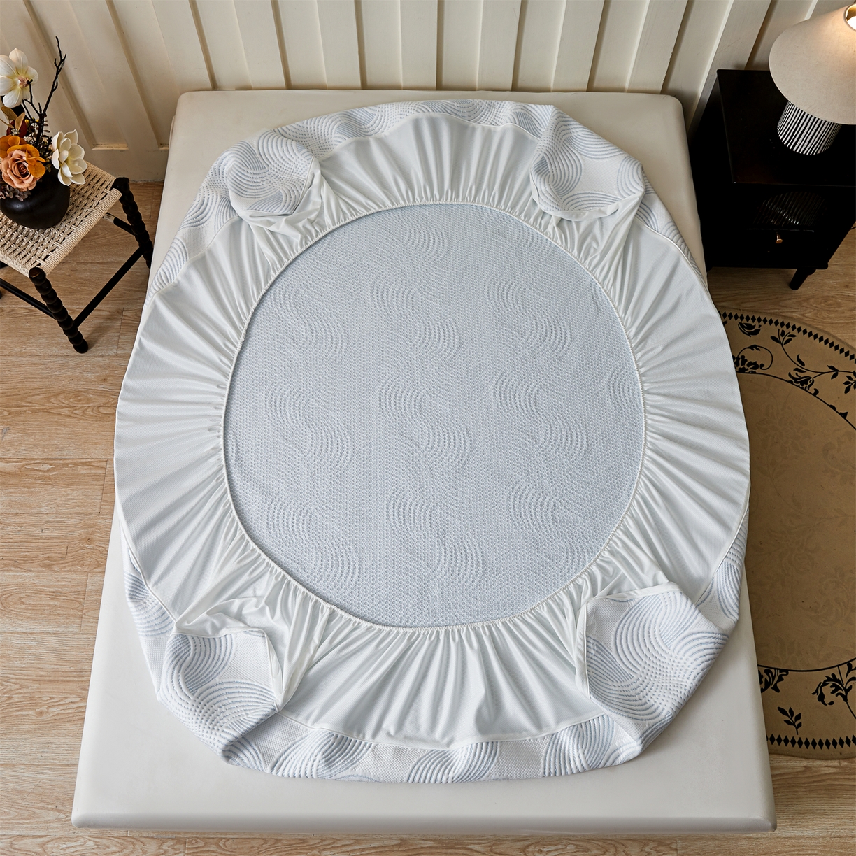 91家纺网 家纺一手货源 找家纺 耐思家纺 2026新款高端三明治硅胶复合PE乙纶提花冰豆豆凉席空调席韩版NIS系列（提供买家秀）床笠款 韩INS-回川蓝