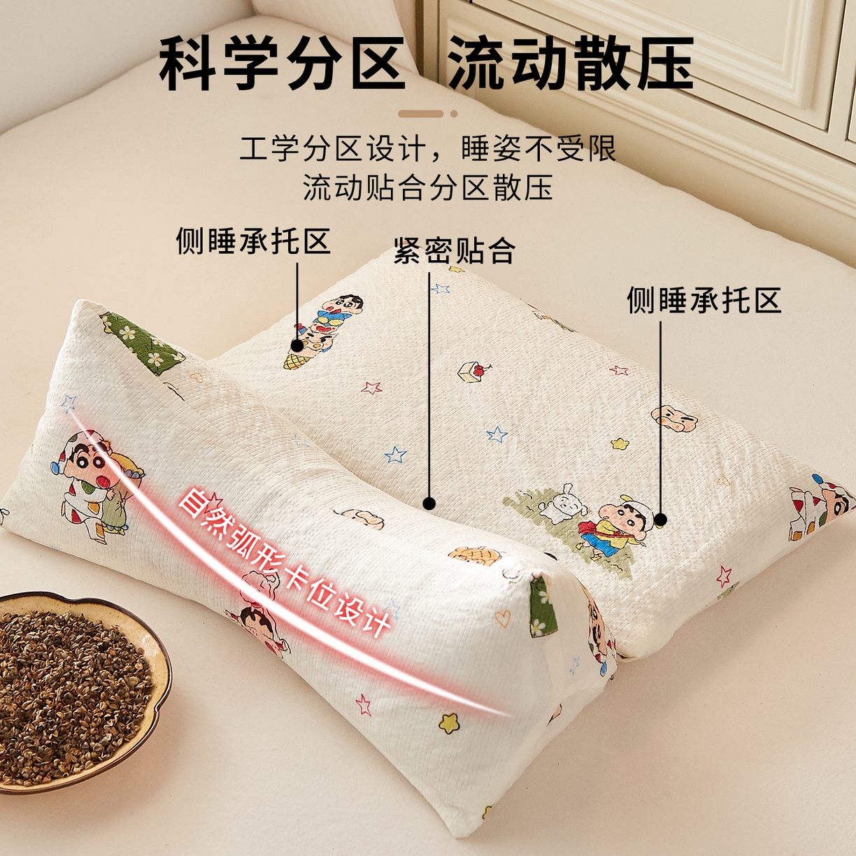 91家纺网 家纺一手货源 找家纺 小桃姐家纺 2026新款三角荞麦枕头二合一组合款全荞麦壳枕芯护颈椎枕腰靠枕二合一荞麦枕-蜡笔小新