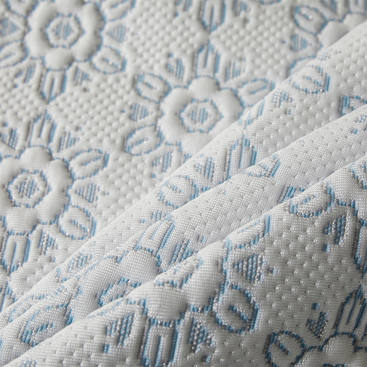 91家纺网 家纺一手货源 找家纺 耐思家纺 2026新款高端三明治硅胶复合PE乙纶提花冰豆豆凉席空调席韩版NIS系列（提供买家秀）床笠款 韩INS-璇花蓝