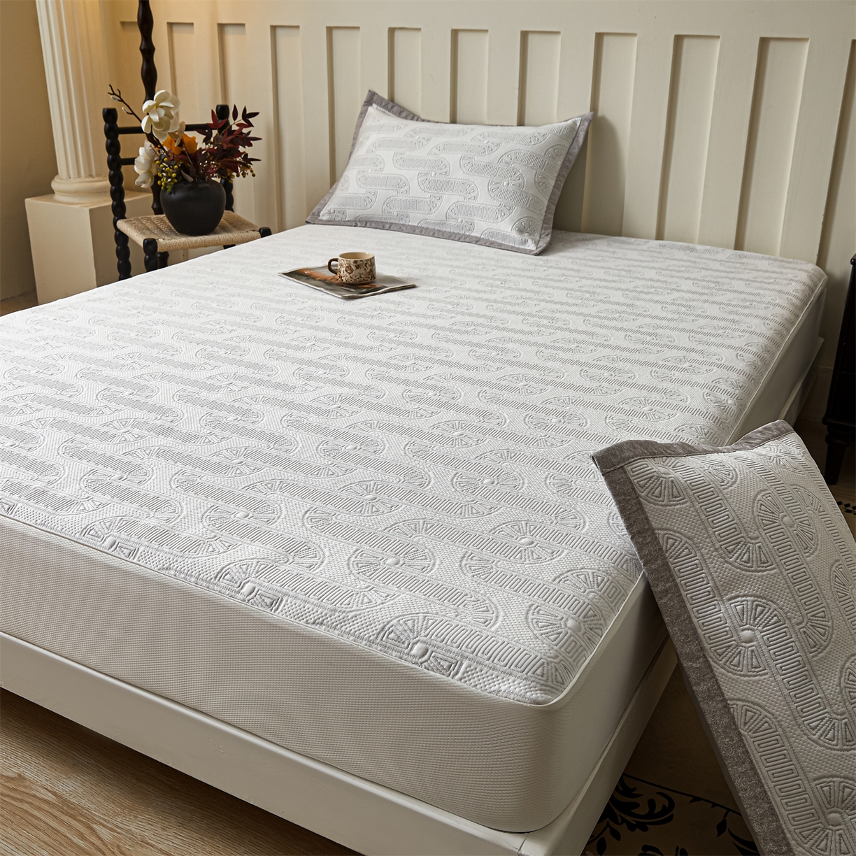 91家纺网 家纺一手货源 找家纺 耐思家纺 2026新款高端三明治硅胶复合PE乙纶提花冰豆豆凉席空调席韩版NIS系列（提供买家秀）床笠款 韩INS-云间环