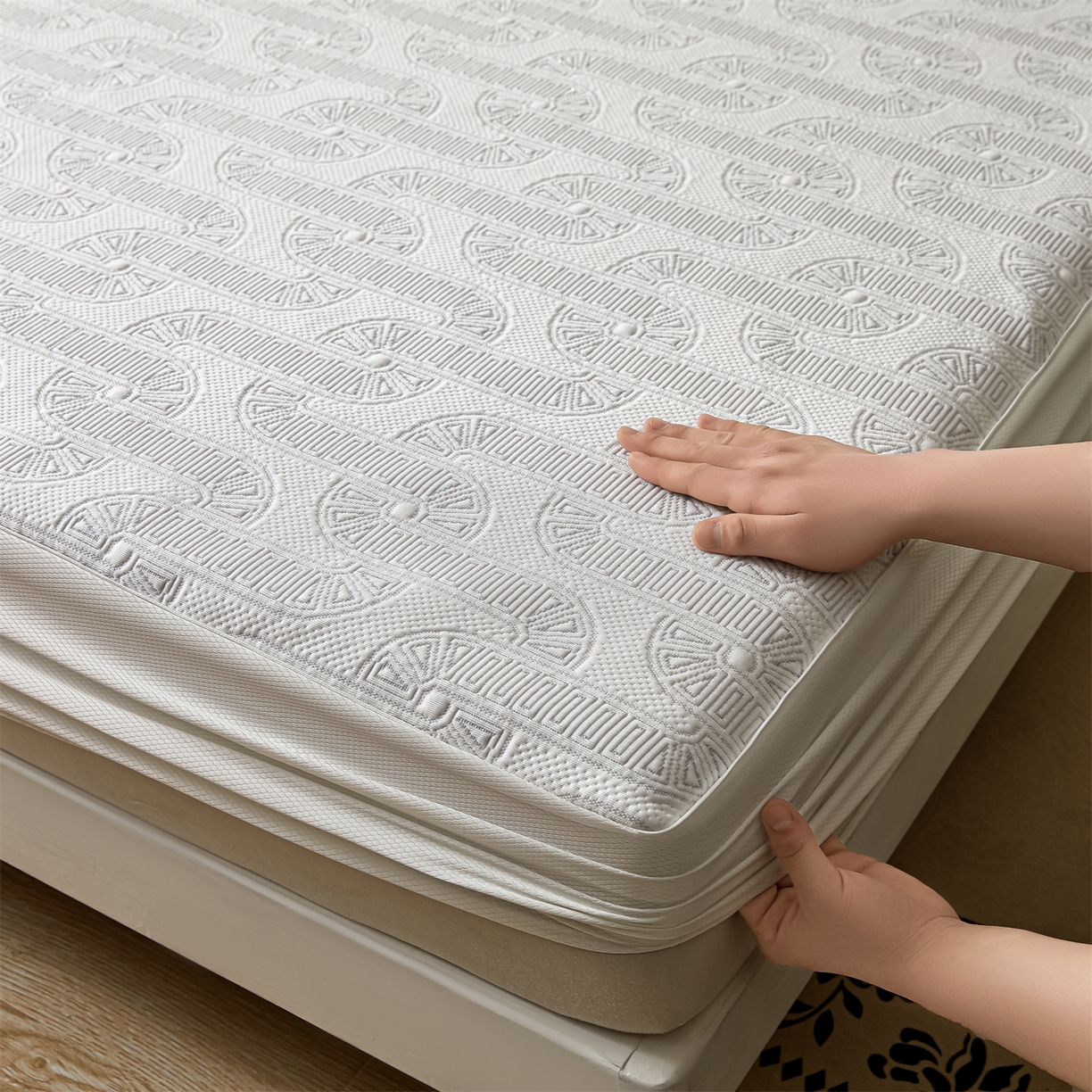 91家纺网 家纺一手货源 找家纺 耐思家纺 2026新款高端三明治硅胶复合PE乙纶提花冰豆豆凉席空调席韩版NIS系列（提供买家秀）床笠款 韩INS-云间环