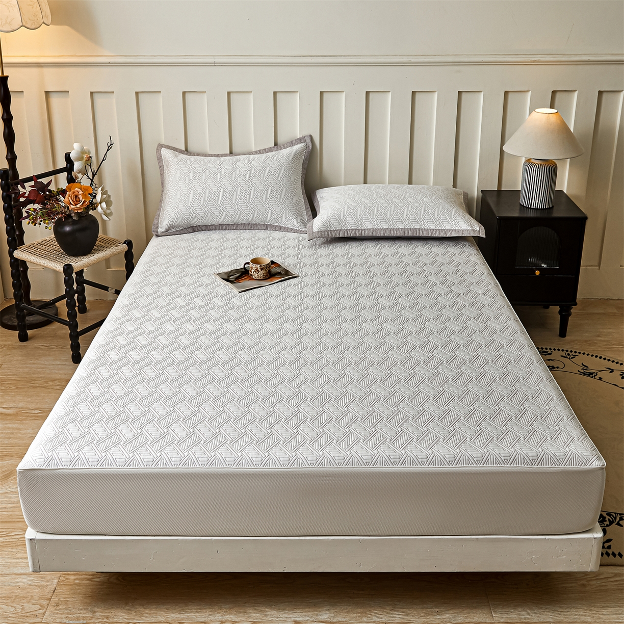 91家纺网 家纺一手货源 找家纺 耐思家纺 2026新款高端三明治硅胶复合PE乙纶提花冰豆豆凉席空调席韩版NIS系列（提供买家秀）床笠款 韩INS-纵横灰