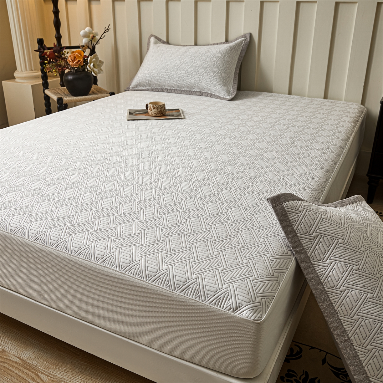 91家纺网 家纺一手货源 找家纺 耐思家纺 2026新款高端三明治硅胶复合PE乙纶提花冰豆豆凉席空调席韩版NIS系列（提供买家秀）床笠款 韩INS-纵横灰