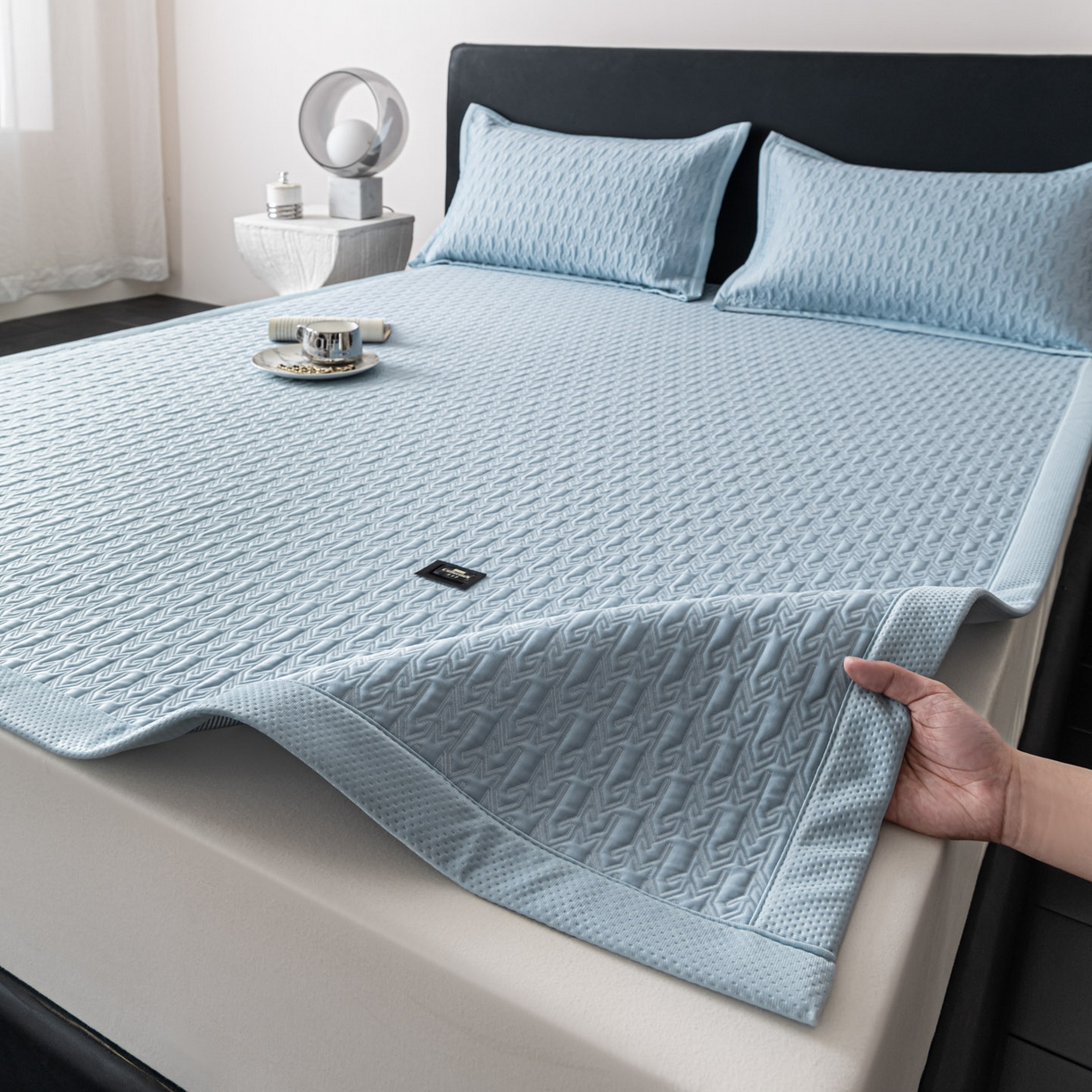 耐思家纺 2026新款A类复合三明治PE乙纶提花冰豆豆凉席床笠海之恋系列（提供买家秀） 海之恋-蓝床席款