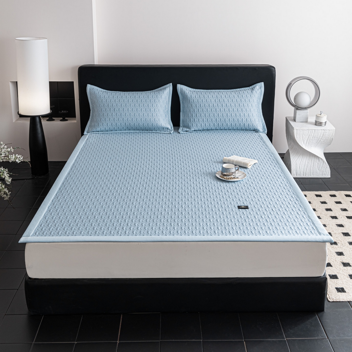 91家纺网 家纺一手货源 找家纺 耐思家纺 2026新款A类复合三明治PE乙纶提花冰豆豆凉席床笠海之恋系列（提供买家秀） 海之恋-蓝床席款