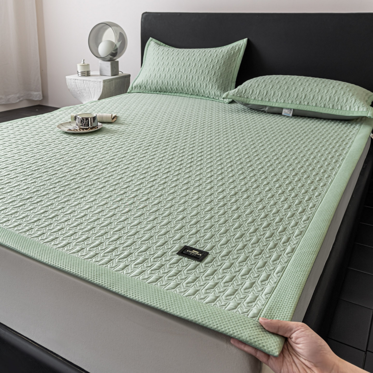 91家纺网 家纺一手货源 找家纺 耐思家纺 2026新款A类复合三明治PE乙纶提花冰豆豆凉席床笠海之恋系列（提供买家秀） 海之恋-绿床席款