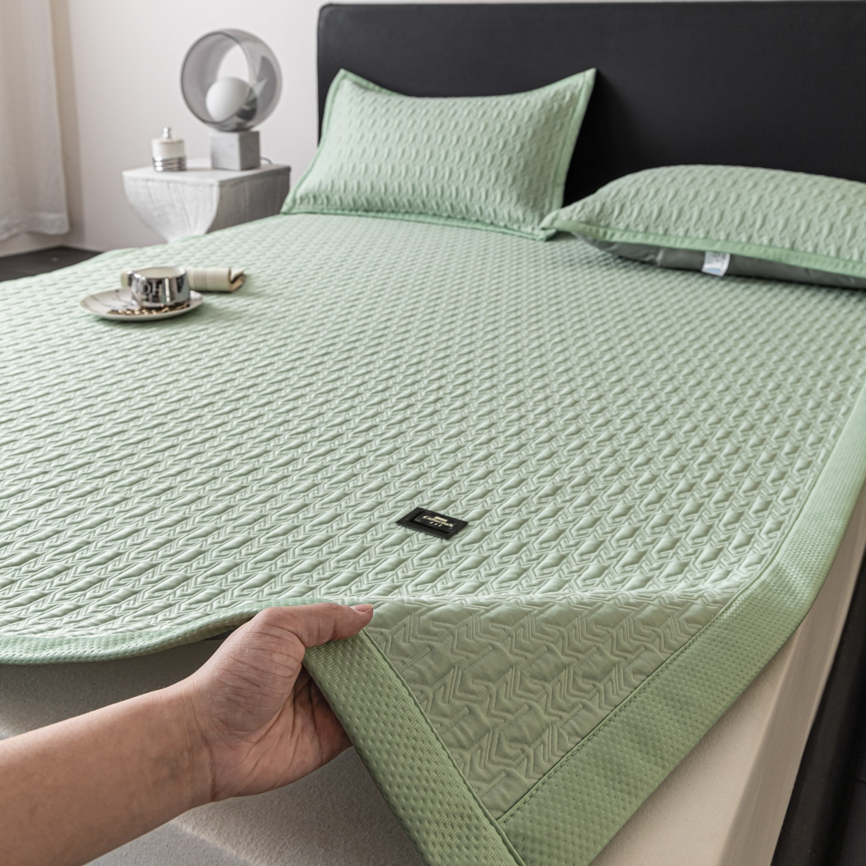 91家纺网 家纺一手货源 找家纺 耐思家纺 2026新款A类复合三明治PE乙纶提花冰豆豆凉席床笠海之恋系列（提供买家秀） 海之恋-绿床席款