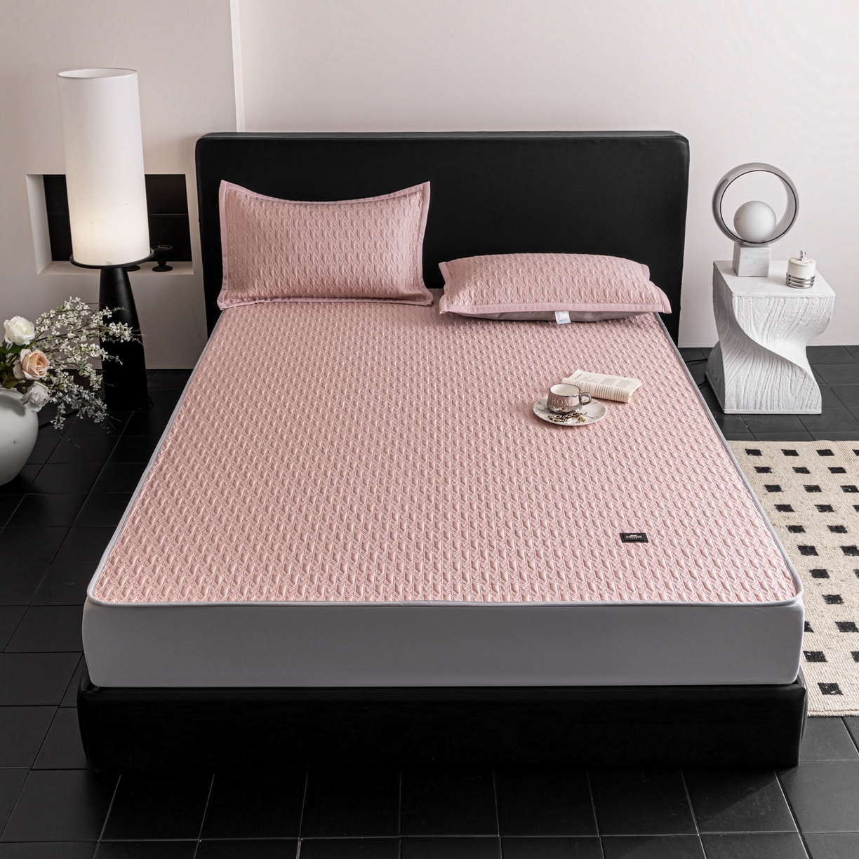 91家纺网 家纺一手货源 找家纺 耐思家纺 2026新款A类复合三明治PE乙纶提花冰豆豆凉席床笠海之恋系列（提供买家秀） 海之恋-粉床笠款