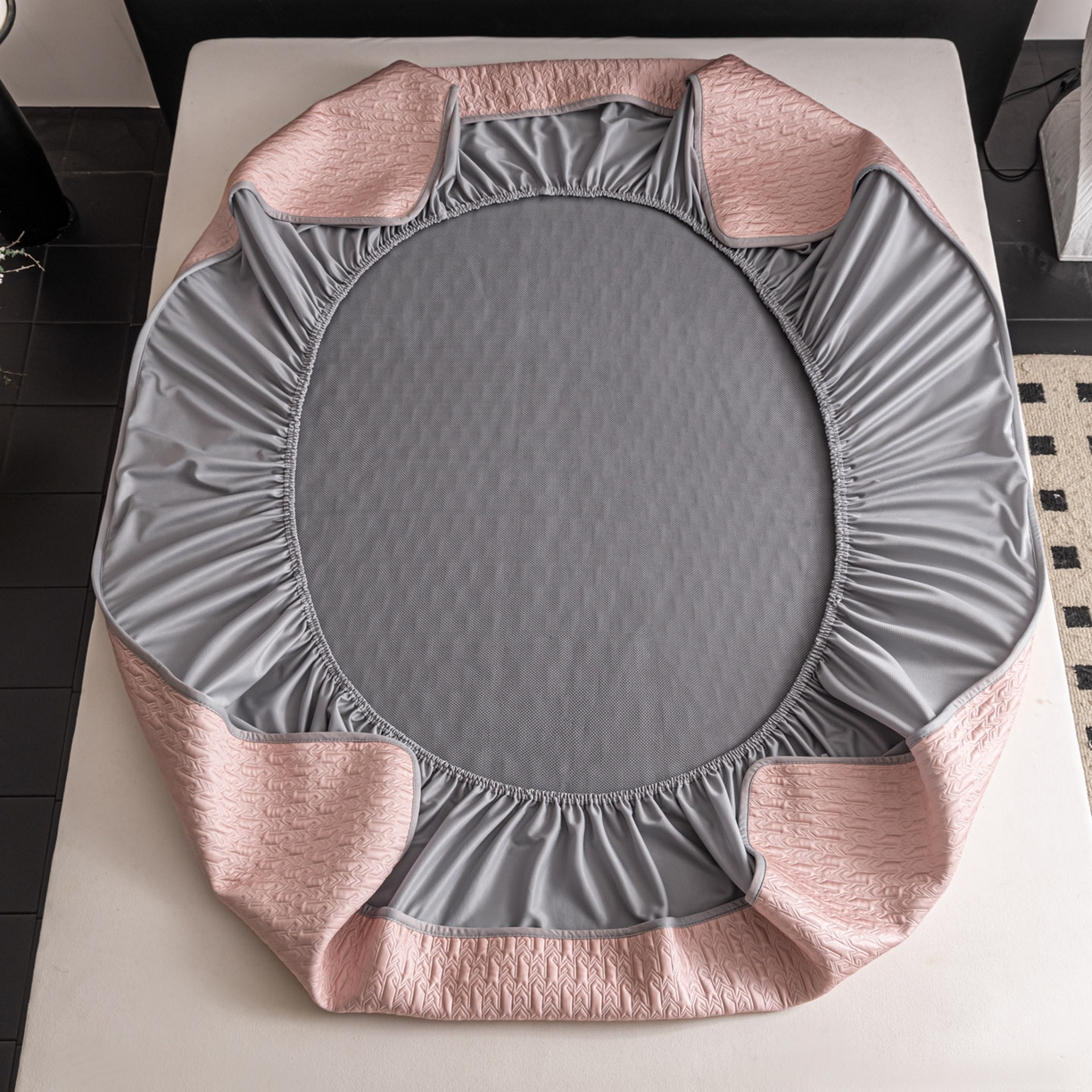 91家纺网 家纺一手货源 找家纺 耐思家纺 2026新款A类复合三明治PE乙纶提花冰豆豆凉席床笠海之恋系列（提供买家秀） 海之恋-粉床笠款