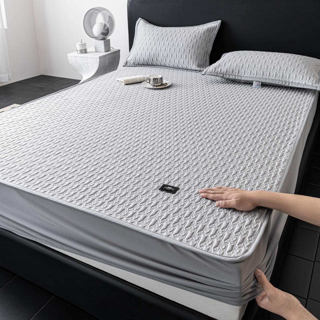 耐思家纺 2026新款A类复合三明治PE乙纶提花冰豆豆凉席床笠海之恋系列（提供买家秀） 海之恋-灰床笠款