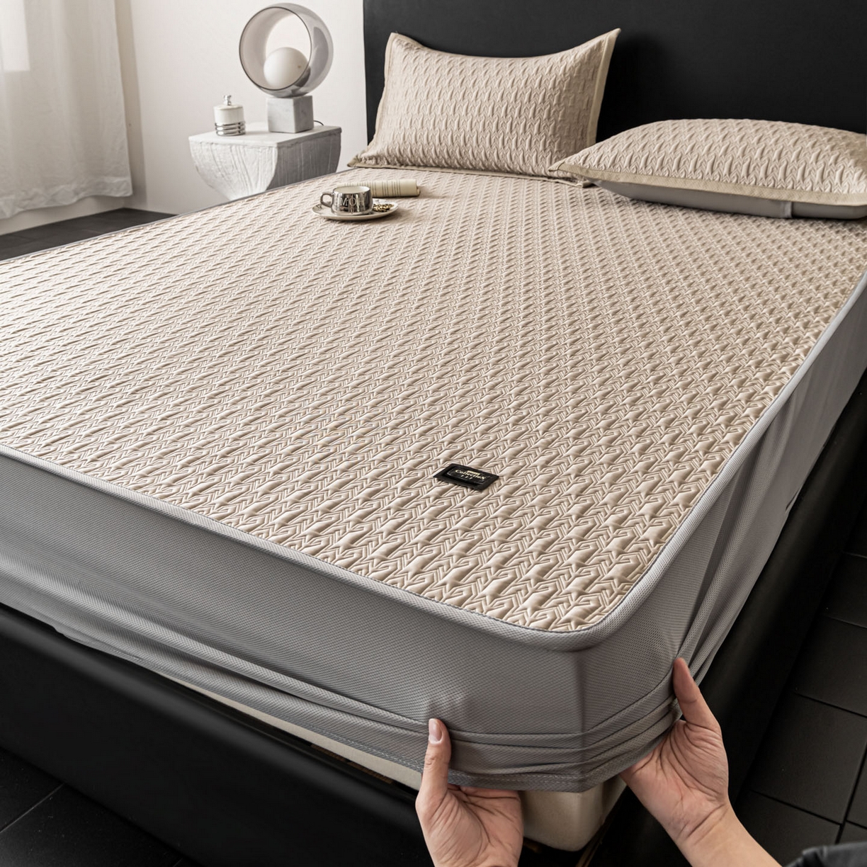 91家纺网 家纺一手货源 找家纺 耐思家纺 2026新款A类复合三明治PE乙纶提花冰豆豆凉席床笠海之恋系列（提供买家秀） 海之恋-卡其床笠款