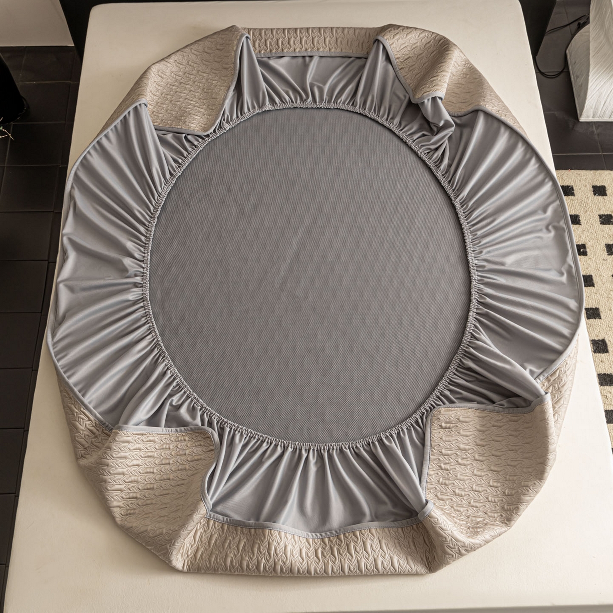 91家纺网 家纺一手货源 找家纺 耐思家纺 2026新款A类复合三明治PE乙纶提花冰豆豆凉席床笠海之恋系列（提供买家秀） 海之恋-卡其床笠款