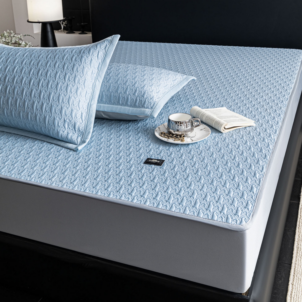 91家纺网 家纺一手货源 找家纺 耐思家纺 2026新款A类复合三明治PE乙纶提花冰豆豆凉席床笠海之恋系列（提供买家秀） 海之恋-蓝床笠款