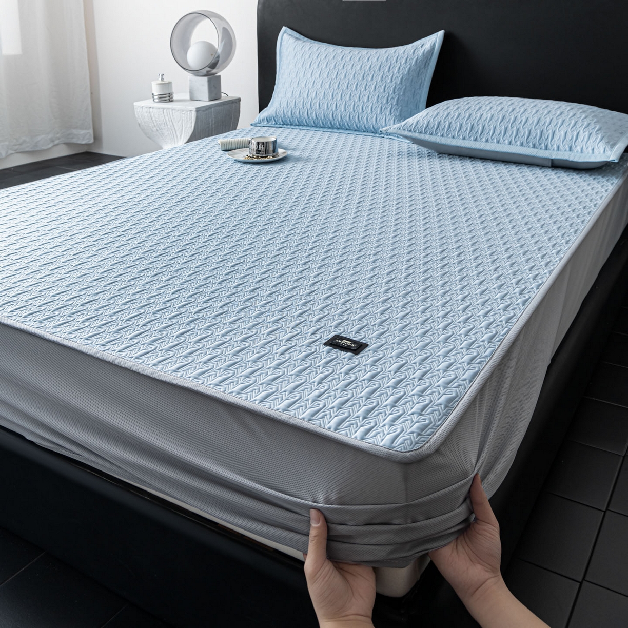 91家纺网 家纺一手货源 找家纺 耐思家纺 2026新款A类复合三明治PE乙纶提花冰豆豆凉席床笠海之恋系列（提供买家秀） 海之恋-蓝床笠款