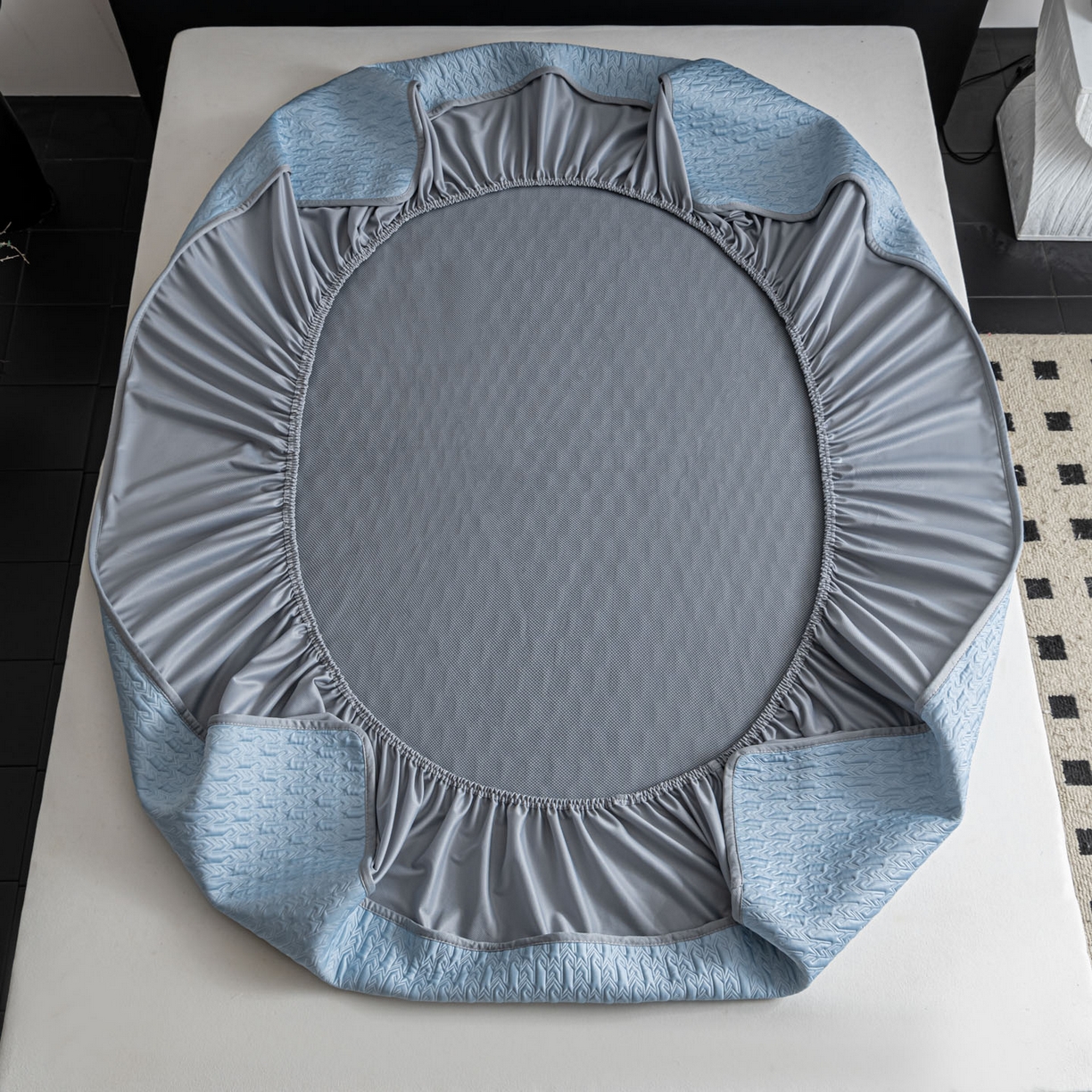 91家纺网 家纺一手货源 找家纺 耐思家纺 2026新款A类复合三明治PE乙纶提花冰豆豆凉席床笠海之恋系列（提供买家秀） 海之恋-蓝床笠款