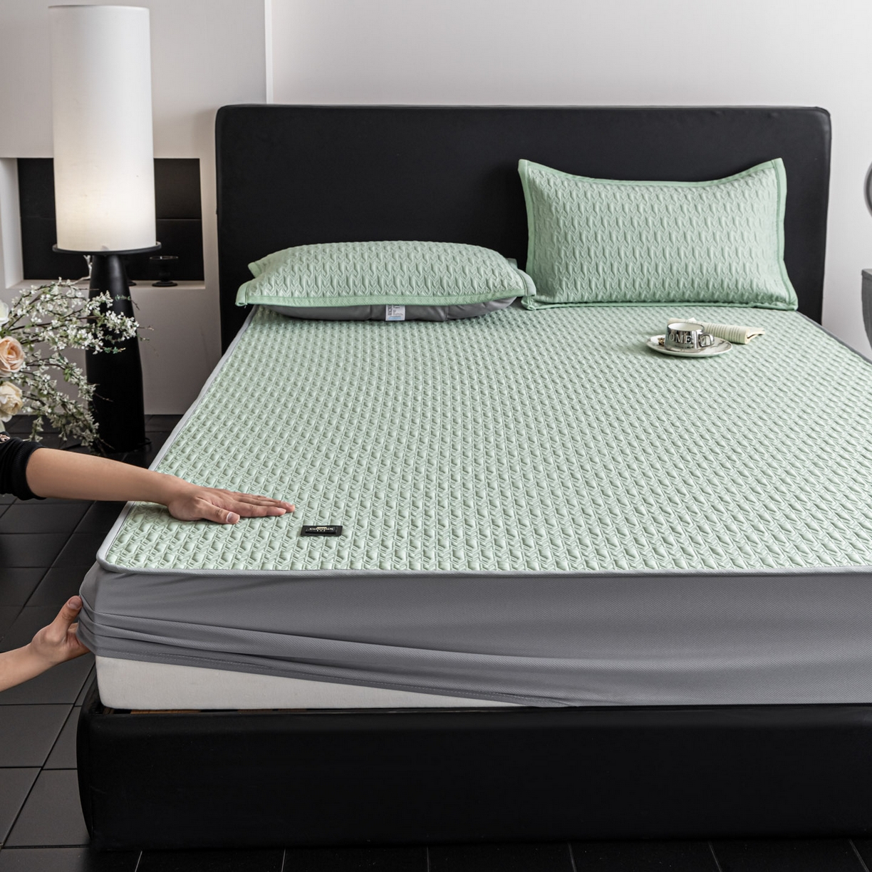 91家纺网 家纺一手货源 找家纺 耐思家纺 2026新款A类复合三明治PE乙纶提花冰豆豆凉席床笠海之恋系列（提供买家秀） 海之恋-绿床笠款