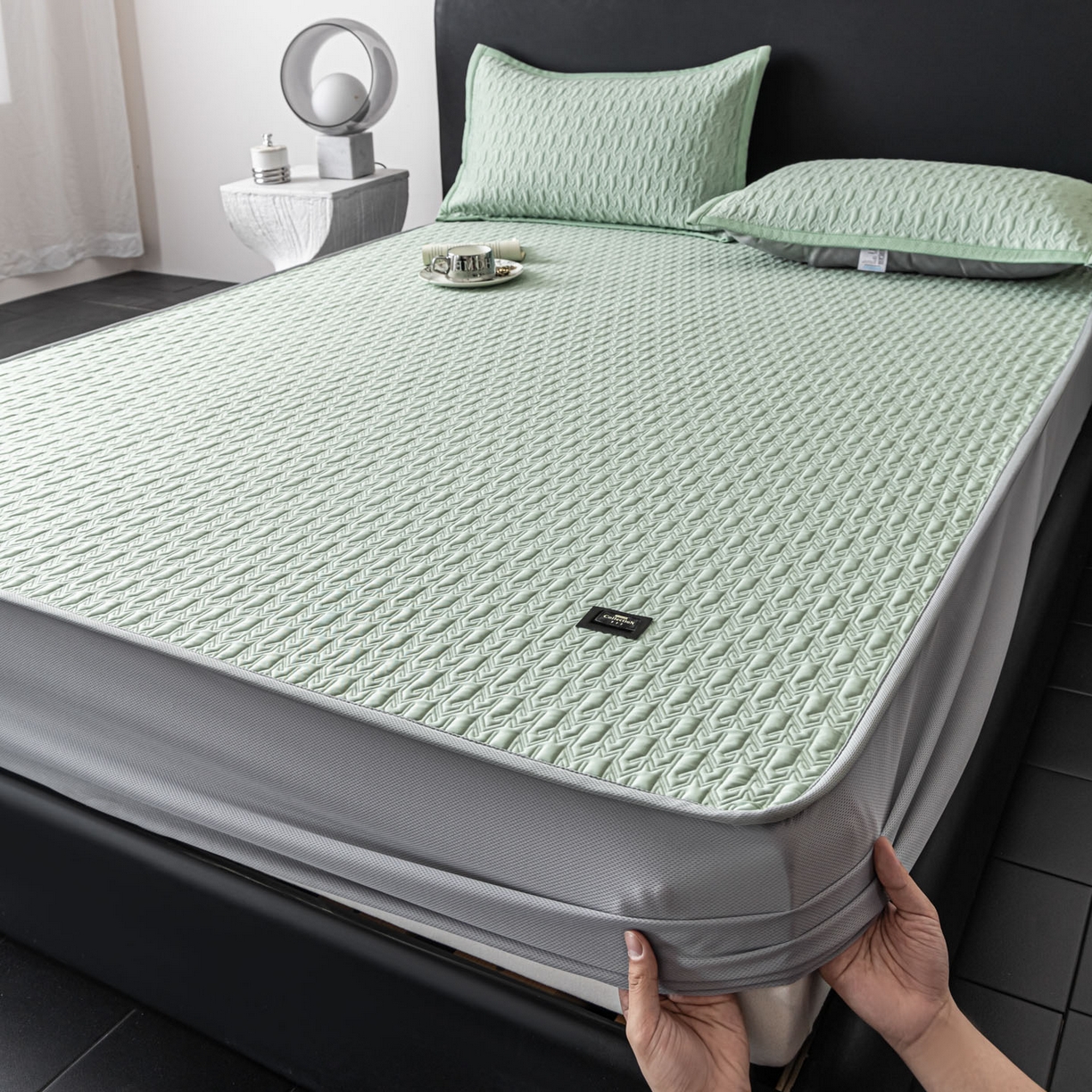 91家纺网 家纺一手货源 找家纺 耐思家纺 2026新款A类复合三明治PE乙纶提花冰豆豆凉席床笠海之恋系列（提供买家秀） 海之恋-绿床笠款