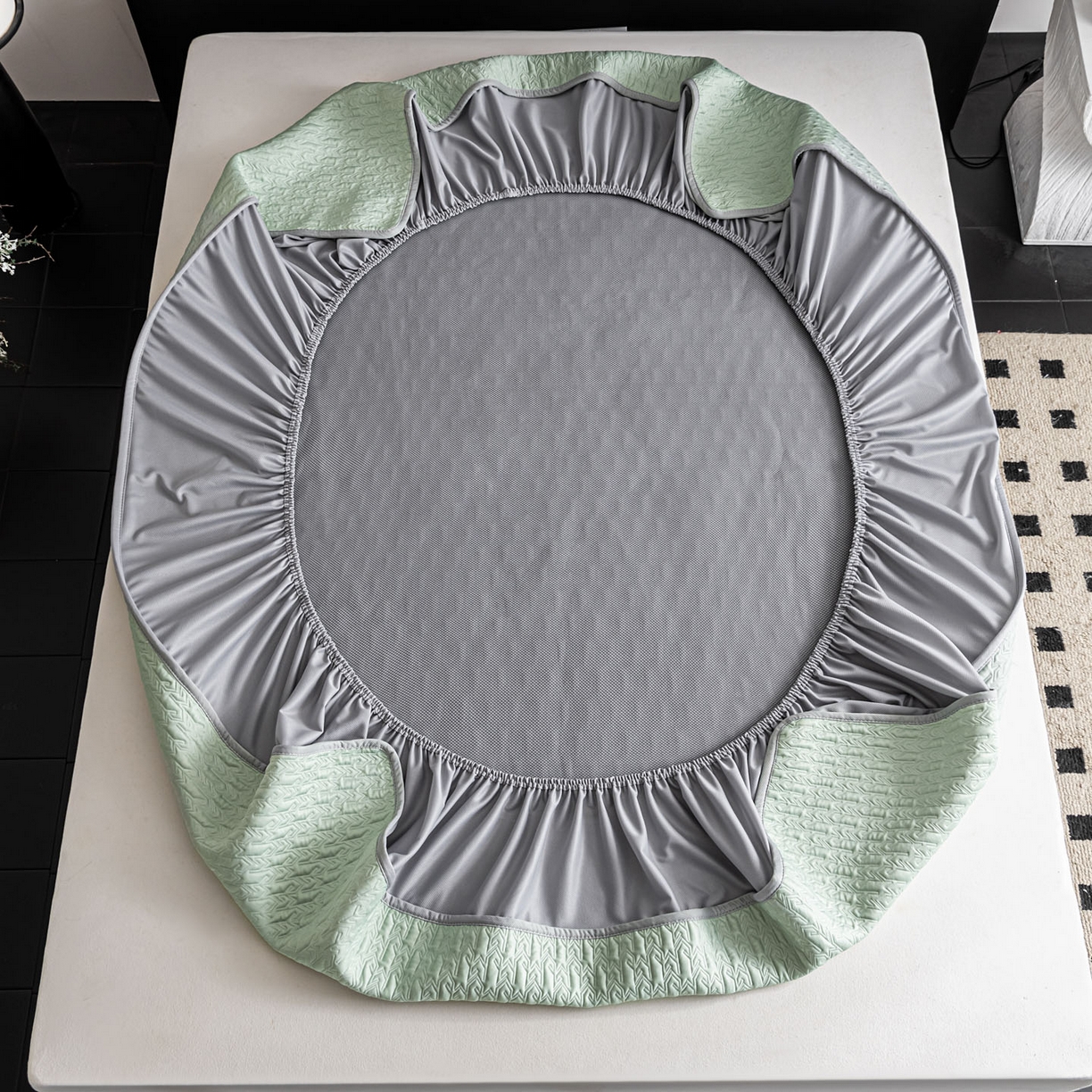 91家纺网 家纺一手货源 找家纺 耐思家纺 2026新款A类复合三明治PE乙纶提花冰豆豆凉席床笠海之恋系列（提供买家秀） 海之恋-绿床笠款