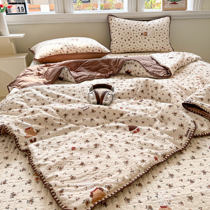 91家纺网 家纺一手货源 找家纺 禾沐 2026新款泡芙纱三角针床盖夏被四件套 田园兔