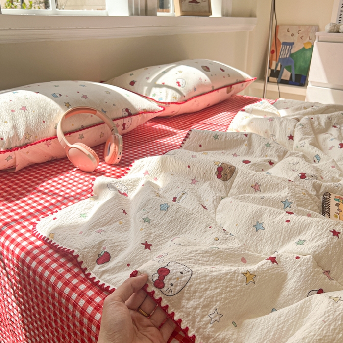 91家纺网 家纺一手货源 找家纺 禾沐 2026新款泡芙纱三角针床盖夏被四件套 星光凯蒂