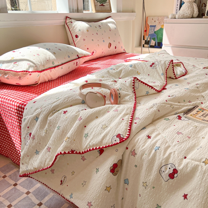 91家纺网 家纺一手货源 找家纺 禾沐 2026新款泡芙纱三角针床盖夏被四件套 星光凯蒂