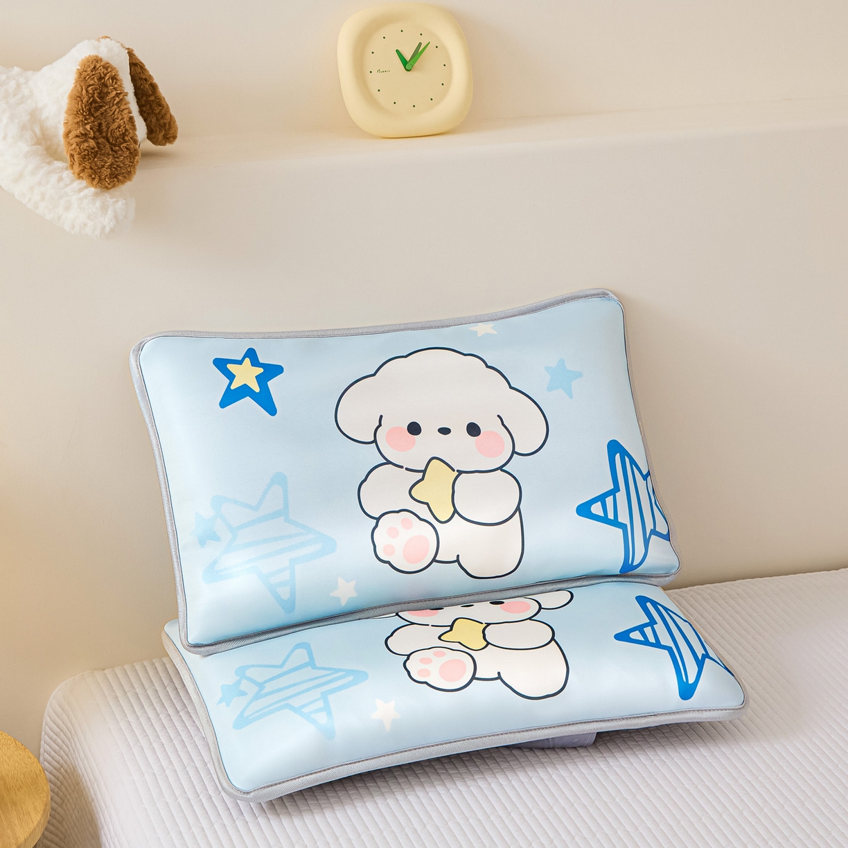 91家纺网 家纺一手货源 找家纺 云恋家纺 2026新款儿童卡通A类冰丝凉席枕套一对装夏季凉感丝可拆枕头儿童学生单人枕芯套 星星小狗