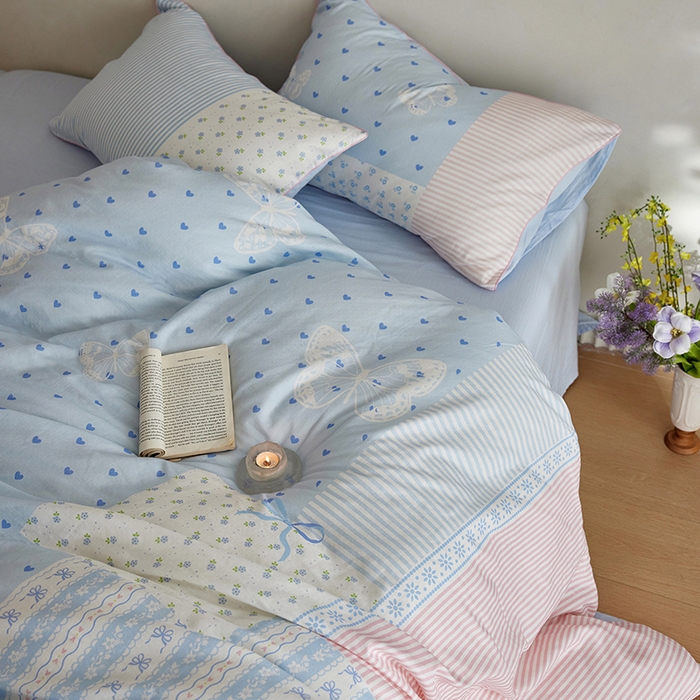 91家纺网 家纺一手货源 找家纺 风向标家纺 2026新款A类母婴级纯棉双层纱印花四件套-云羽织梦 云羽织梦—水蓝